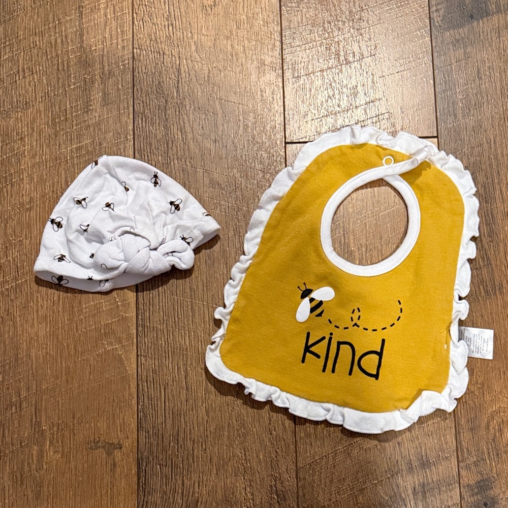 Bee-Themed Yellow and White Baby Bib and Hat Set